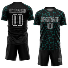 Laden Sie das Bild in den Galerie-Viewer, Custom Black Midnight Green-White Abstract Network Splash Sublimation Soccer Uniform Jersey