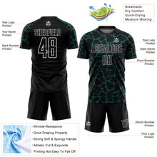Laden Sie das Bild in den Galerie-Viewer, Custom Black Midnight Green-White Abstract Network Splash Sublimation Soccer Uniform Jersey