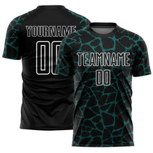 Laden Sie das Bild in den Galerie-Viewer, Custom Black Midnight Green-White Abstract Network Splash Sublimation Soccer Uniform Jersey