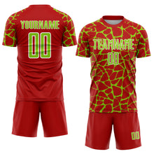 Charger l'image dans la galerie, Custom Red Neon Green-White Abstract Network Splash Sublimation Soccer Uniform Jersey