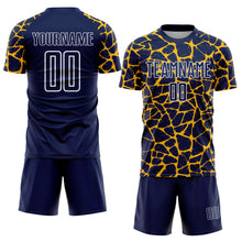 Laden Sie das Bild in den Galerie-Viewer, Custom Navy Gold-White Abstract Network Splash Sublimation Soccer Uniform Jersey