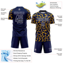 Laden Sie das Bild in den Galerie-Viewer, Custom Navy Gold-White Abstract Network Splash Sublimation Soccer Uniform Jersey