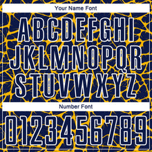 Laden Sie das Bild in den Galerie-Viewer, Custom Navy Gold-White Abstract Network Splash Sublimation Soccer Uniform Jersey