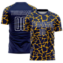 Laden Sie das Bild in den Galerie-Viewer, Custom Navy Gold-White Abstract Network Splash Sublimation Soccer Uniform Jersey
