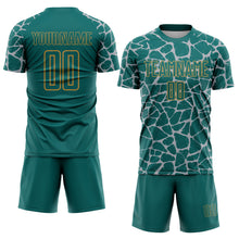 Charger l'image dans la galerie, Custom Teal Gray-Old Gold Abstract Network Splash Sublimation Soccer Uniform Jersey