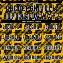 Laden Sie das Bild in den Galerie-Viewer, Custom Black Gold-White Line Sublimation Soccer Uniform Jersey