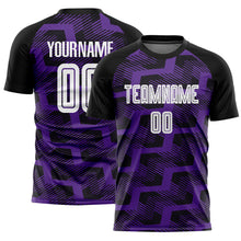 Laden Sie das Bild in den Galerie-Viewer, Custom Black White-Purple Line Sublimation Soccer Uniform Jersey