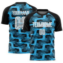 Laden Sie das Bild in den Galerie-Viewer, Custom Black White-Sky Blue Line Sublimation Soccer Uniform Jersey