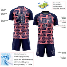 Laden Sie das Bild in den Galerie-Viewer, Custom Navy Medium Pink-White Line Sublimation Soccer Uniform Jersey