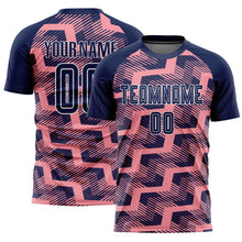 Laden Sie das Bild in den Galerie-Viewer, Custom Navy Medium Pink-White Line Sublimation Soccer Uniform Jersey