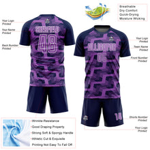 Laden Sie das Bild in den Galerie-Viewer, Custom Navy Medium Purple-White Line Sublimation Soccer Uniform Jersey