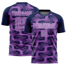 Laden Sie das Bild in den Galerie-Viewer, Custom Navy Medium Purple-White Line Sublimation Soccer Uniform Jersey