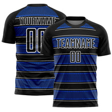 Laden Sie das Bild in den Galerie-Viewer, Custom Black Thunder Blue-White Geometric Shapes And Line Sublimation Soccer Uniform Jersey