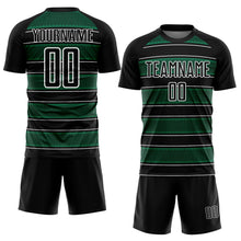 Загрузить изображение в средство просмотра галереи, Custom Black Kelly Green-White Geometric Shapes And Line Sublimation Soccer Uniform Jersey