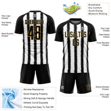 Laden Sie das Bild in den Galerie-Viewer, Custom Black White-Old Gold Line Sublimation Soccer Uniform Jersey