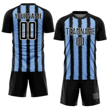 Загрузить изображение в средство просмотра галереи, Custom Black Light Blue-White Line Sublimation Soccer Uniform Jersey