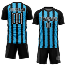 Laden Sie das Bild in den Galerie-Viewer, Custom Black Sky Blue-White Line Sublimation Soccer Uniform Jersey