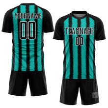 Laden Sie das Bild in den Galerie-Viewer, Custom Black Aqua-White Line Sublimation Soccer Uniform Jersey