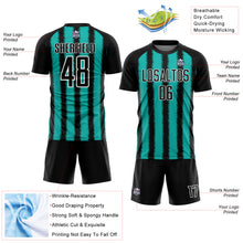 Laden Sie das Bild in den Galerie-Viewer, Custom Black Aqua-White Line Sublimation Soccer Uniform Jersey
