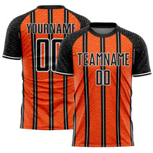 Laden Sie das Bild in den Galerie-Viewer, Custom Black Orange-White Line Sublimation Soccer Uniform Jersey