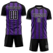 Laden Sie das Bild in den Galerie-Viewer, Custom Black Purple-White Line Sublimation Soccer Uniform Jersey