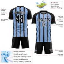 Загрузить изображение в средство просмотра галереи, Custom Black Light Blue-White Line Sublimation Soccer Uniform Jersey