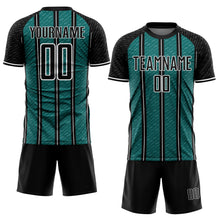 Laden Sie das Bild in den Galerie-Viewer, Custom Black Teal-White Line Sublimation Soccer Uniform Jersey