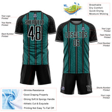 Laden Sie das Bild in den Galerie-Viewer, Custom Black Teal-White Line Sublimation Soccer Uniform Jersey