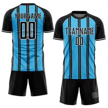 Laden Sie das Bild in den Galerie-Viewer, Custom Black Sky Blue-White Line Sublimation Soccer Uniform Jersey