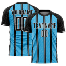Laden Sie das Bild in den Galerie-Viewer, Custom Black Sky Blue-White Line Sublimation Soccer Uniform Jersey