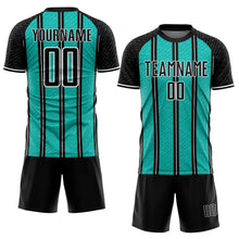 Laden Sie das Bild in den Galerie-Viewer, Custom Black Aqua-White Line Sublimation Soccer Uniform Jersey