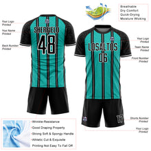 Laden Sie das Bild in den Galerie-Viewer, Custom Black Aqua-White Line Sublimation Soccer Uniform Jersey