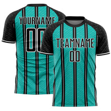 Laden Sie das Bild in den Galerie-Viewer, Custom Black Aqua-White Line Sublimation Soccer Uniform Jersey