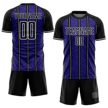 Laden Sie das Bild in den Galerie-Viewer, Custom Black Dark Purple-White Line Sublimation Soccer Uniform Jersey