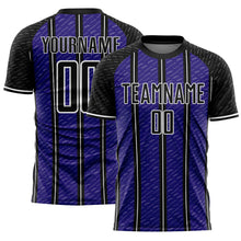Laden Sie das Bild in den Galerie-Viewer, Custom Black Dark Purple-White Line Sublimation Soccer Uniform Jersey