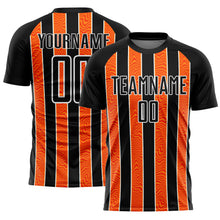 Laden Sie das Bild in den Galerie-Viewer, Custom Black Orange-White Line Sublimation Soccer Uniform Jersey