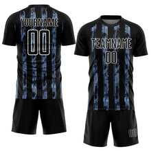 Загрузить изображение в средство просмотра галереи, Custom Black Light Blue-White Line Sublimation Soccer Uniform Jersey