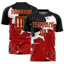 Load image into Gallery viewer, Custom Black Red-Old Gold Splash Sublimation Soccer Uniform Jersey