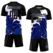 Load image into Gallery viewer, Custom Black Royal-Old Gold Splash Sublimation Soccer Uniform Jersey