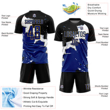 Load image into Gallery viewer, Custom Black Royal-Old Gold Splash Sublimation Soccer Uniform Jersey