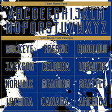 Load image into Gallery viewer, Custom Black Royal-Old Gold Splash Sublimation Soccer Uniform Jersey