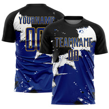 Load image into Gallery viewer, Custom Black Royal-Old Gold Splash Sublimation Soccer Uniform Jersey