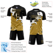 Загрузить изображение в средство просмотра галереи, Custom Black White-Old Gold Splash Sublimation Soccer Uniform Jersey