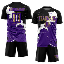 Laden Sie das Bild in den Galerie-Viewer, Custom Black Purple-Old Gold Splash Sublimation Soccer Uniform Jersey