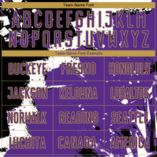 Laden Sie das Bild in den Galerie-Viewer, Custom Black Purple-Old Gold Splash Sublimation Soccer Uniform Jersey