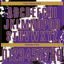 Laden Sie das Bild in den Galerie-Viewer, Custom Black Purple-Old Gold Splash Sublimation Soccer Uniform Jersey