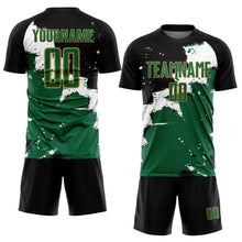 Laden Sie das Bild in den Galerie-Viewer, Custom Black Kelly Green-Old Gold Splash Sublimation Soccer Uniform Jersey