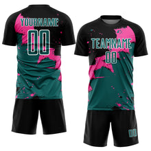 Laden Sie das Bild in den Galerie-Viewer, Custom Black Teal-Pink Splash Sublimation Soccer Uniform Jersey