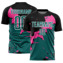Laden Sie das Bild in den Galerie-Viewer, Custom Black Teal-Pink Splash Sublimation Soccer Uniform Jersey