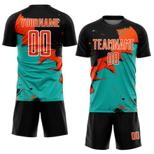 Загрузить изображение в средство просмотра галереи, Custom Black Orange-Aqua Splash Sublimation Soccer Uniform Jersey